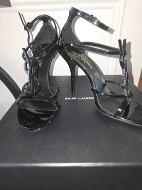 Saint Laurent Black Patent Leather T-Strap Logo High Heels